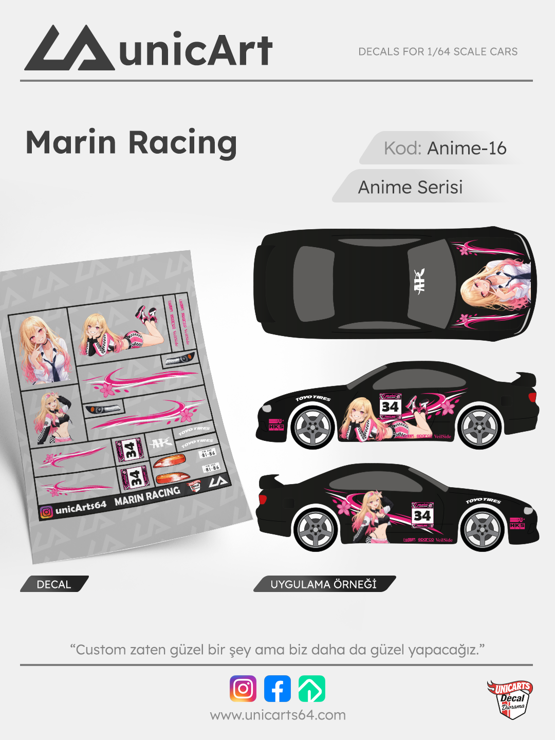 Marin Racing 1/64 su transferli decal - Anime serisi | Unicarts64