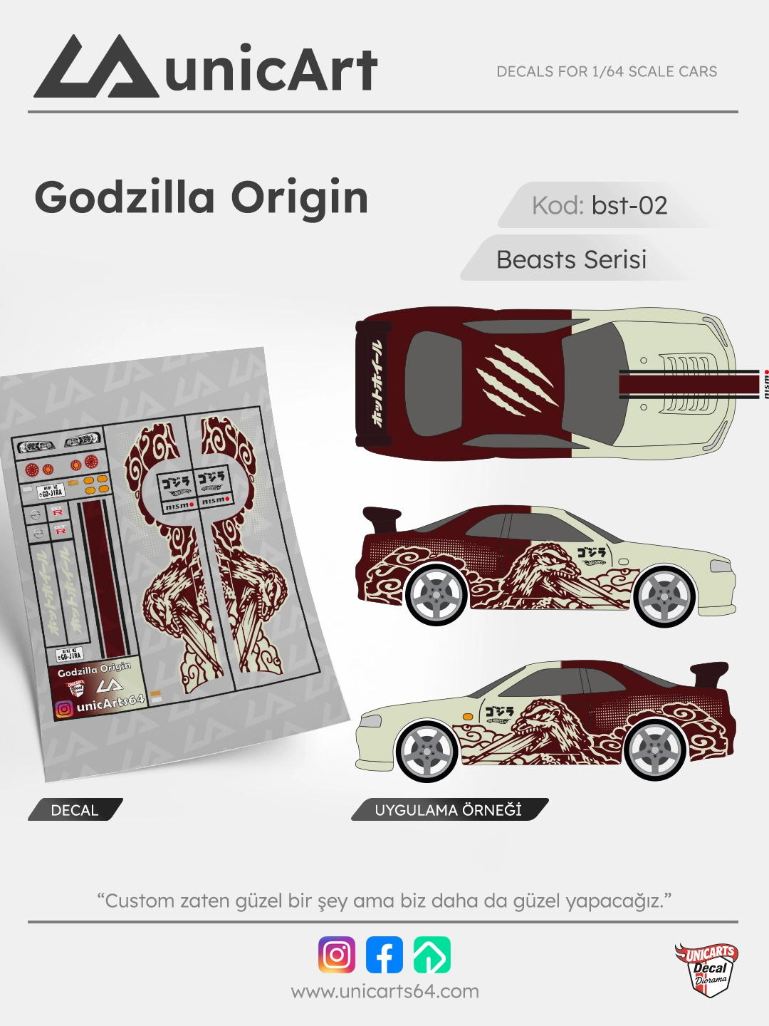 Godzilla Origin 1/64 su transferli decal - Beasts serisi | Unicarts64