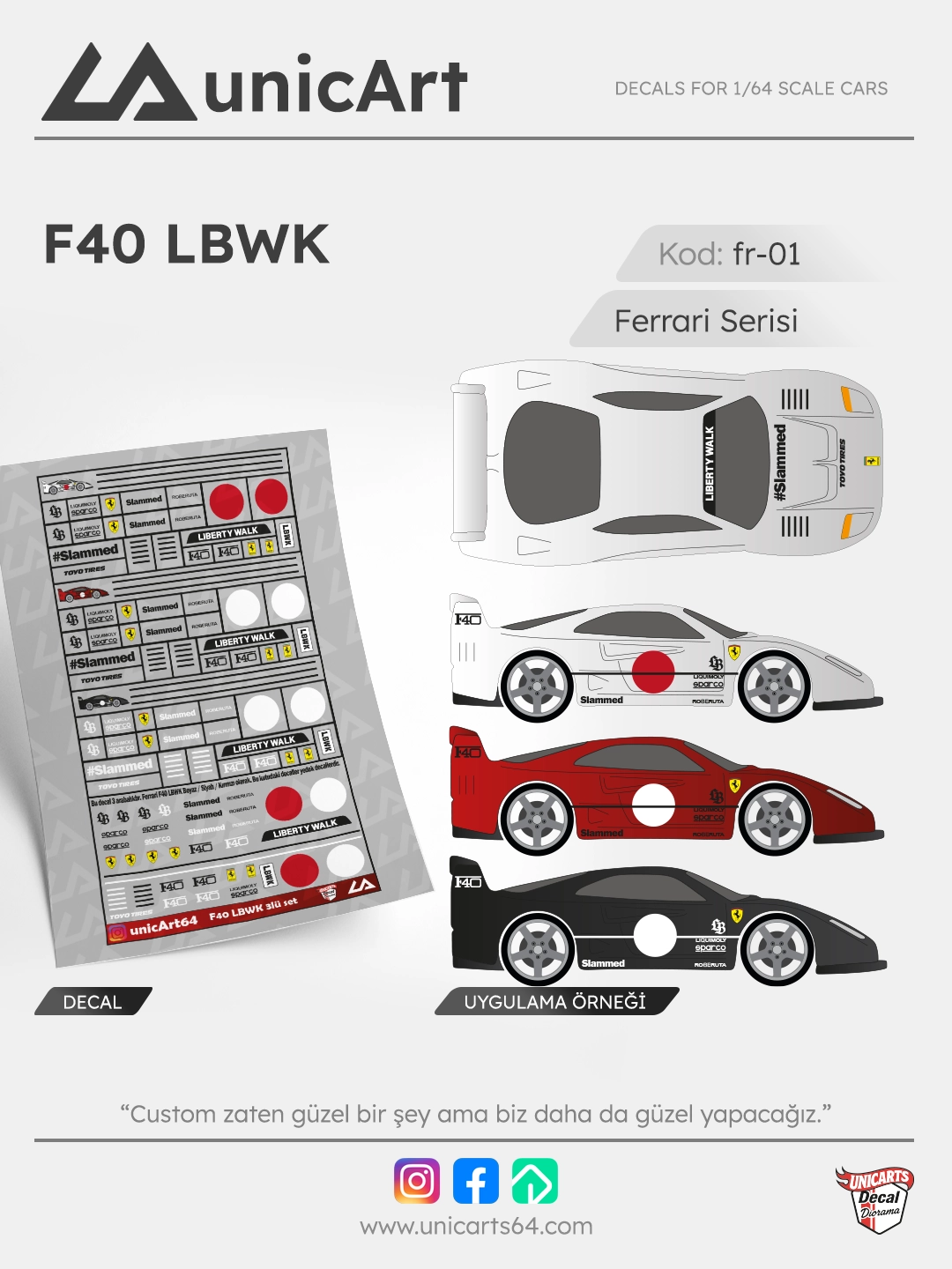 F40 LBWK 1/64 su transferli decal - Ferrari serisi | Unicarts64