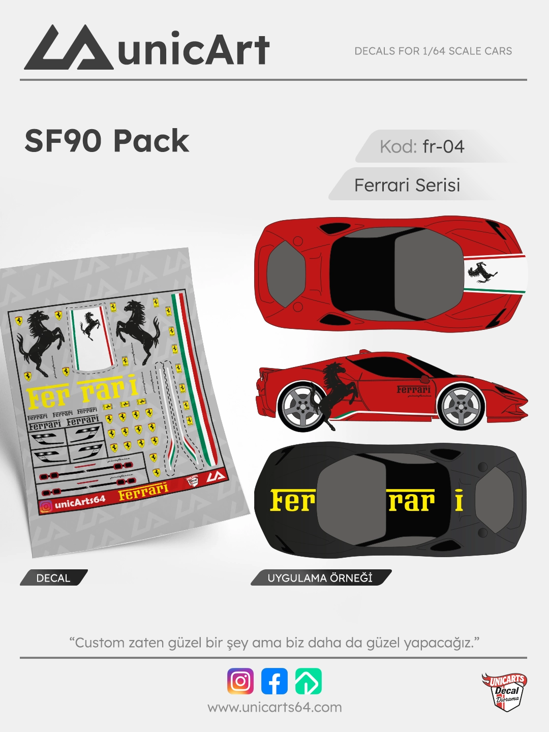 SF90 Pack 1/64 su transferli decal - Ferrari serisi | Unicarts64