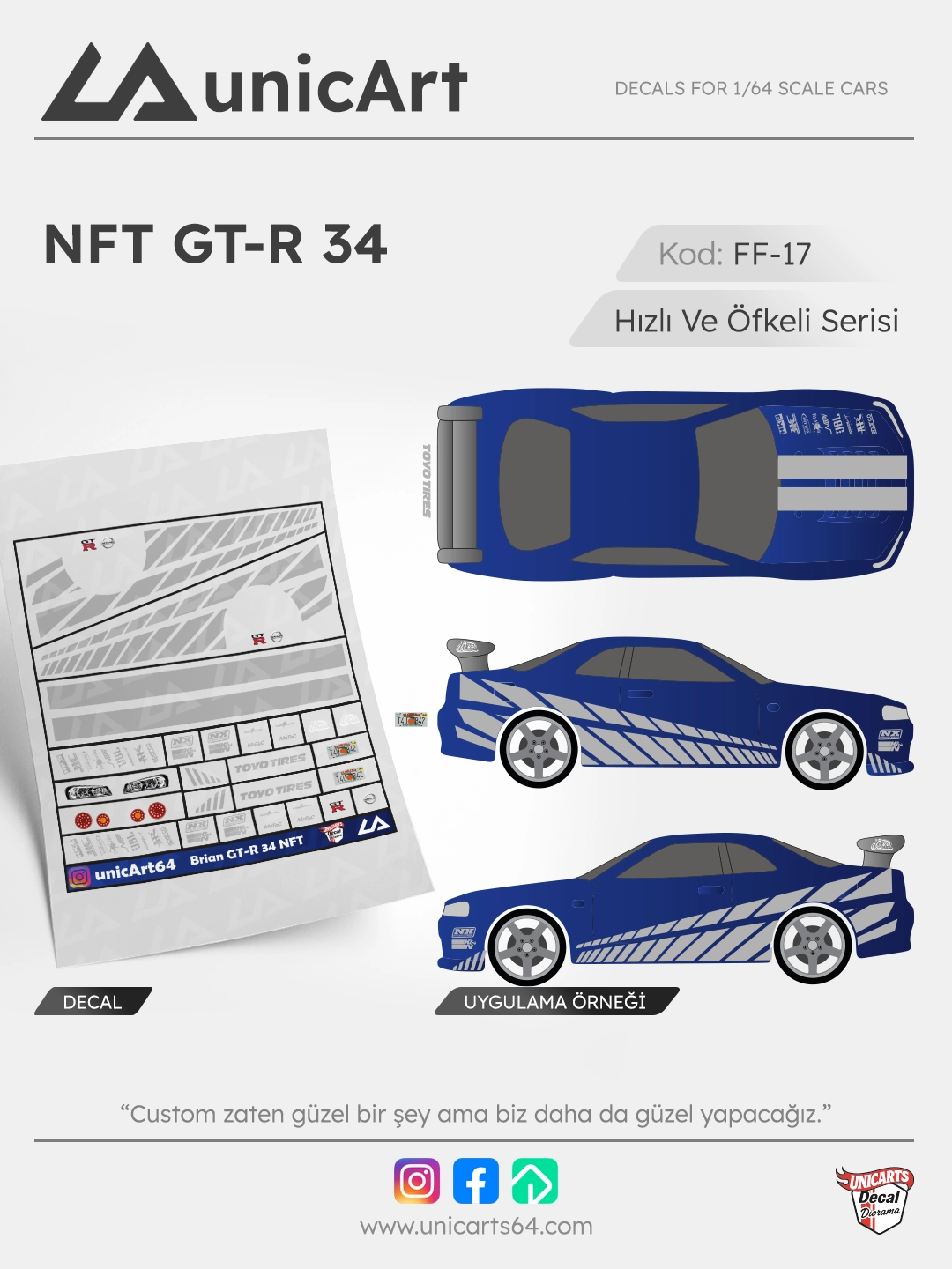 Brian NFT GT-R34 1/64 decal - Fast & Furious serisi