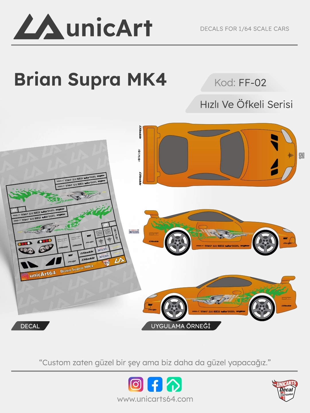 Brian Supra 1/64 su transferli decal - Fast & Furious serisi | Unicarts64
