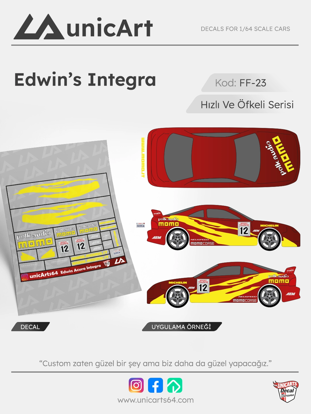 Edwin's Integra 1/64 su transferli decal - Fast & Furious serisi | Unicarts64