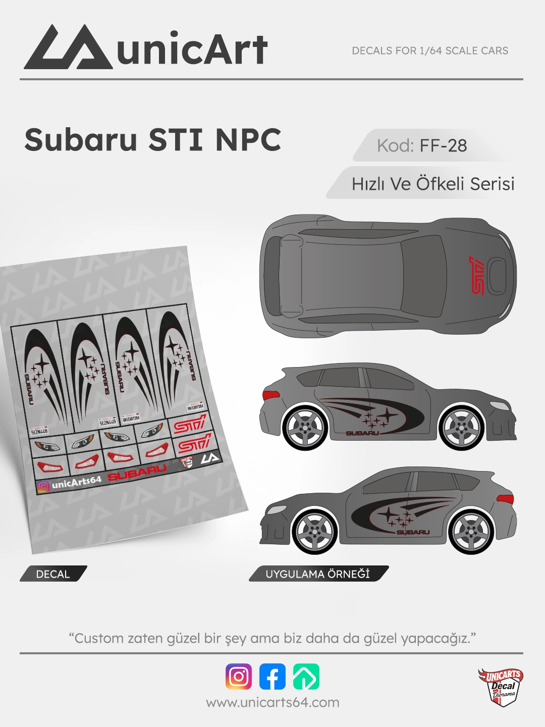 Subaru STI NPC 1/64 su transferli decal - Fast & Furious serisi | Unicarts64