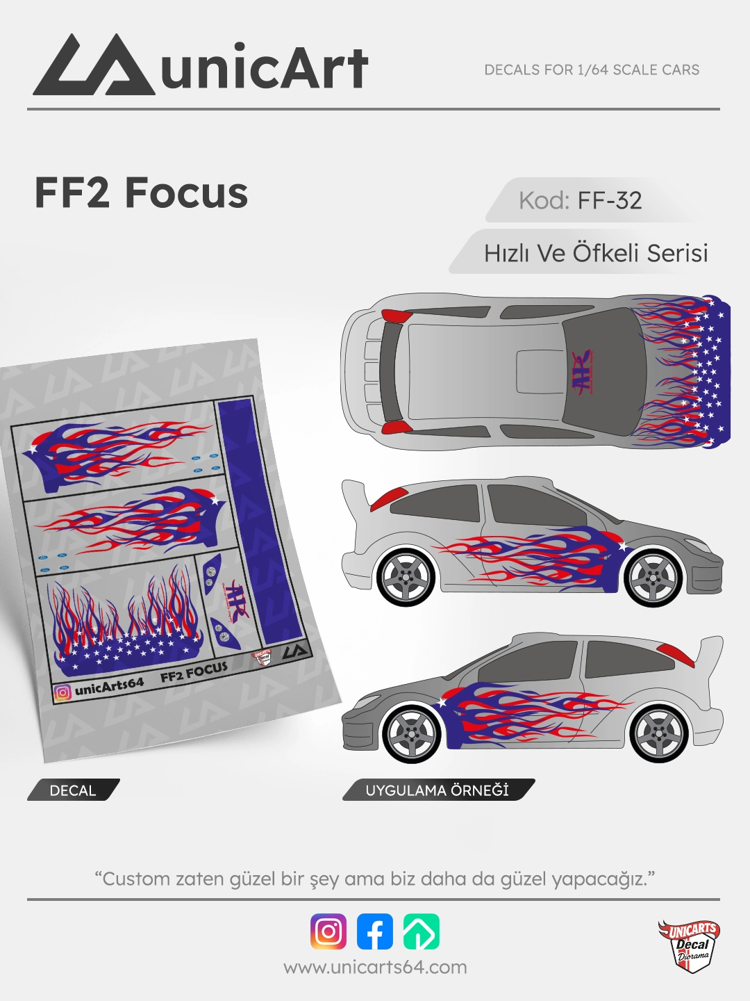FF2 Focus 1/64 su transferli decal - Fast & Furious serisi | Unicarts64