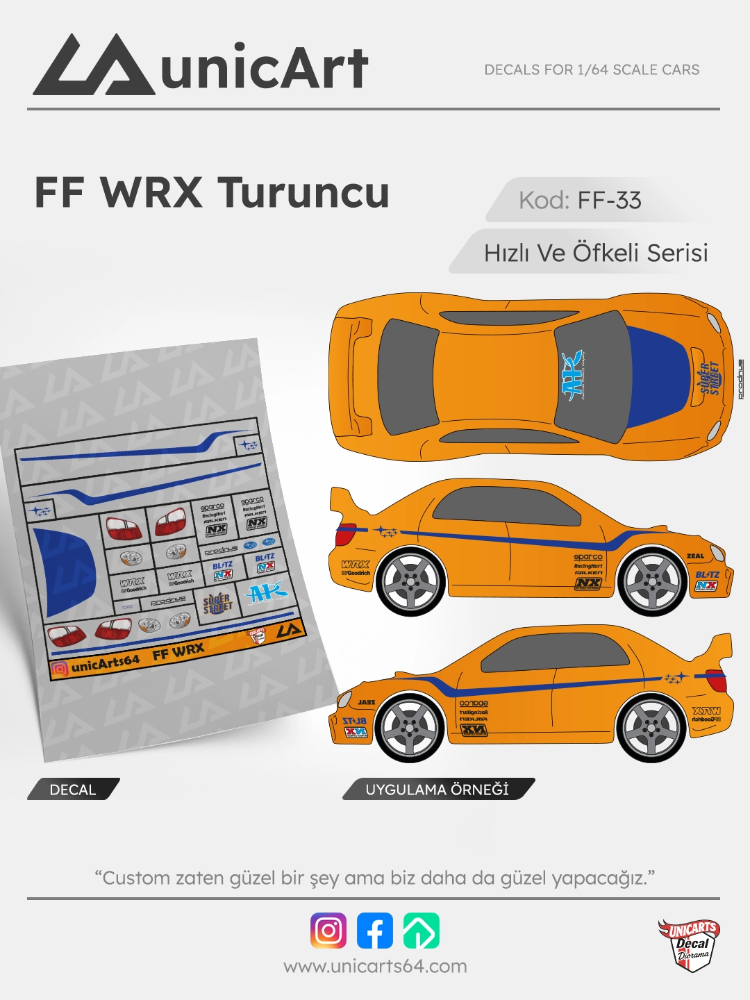 FF WRX Subaru Turuncu 1/64 decal - Fast & Furious serisi