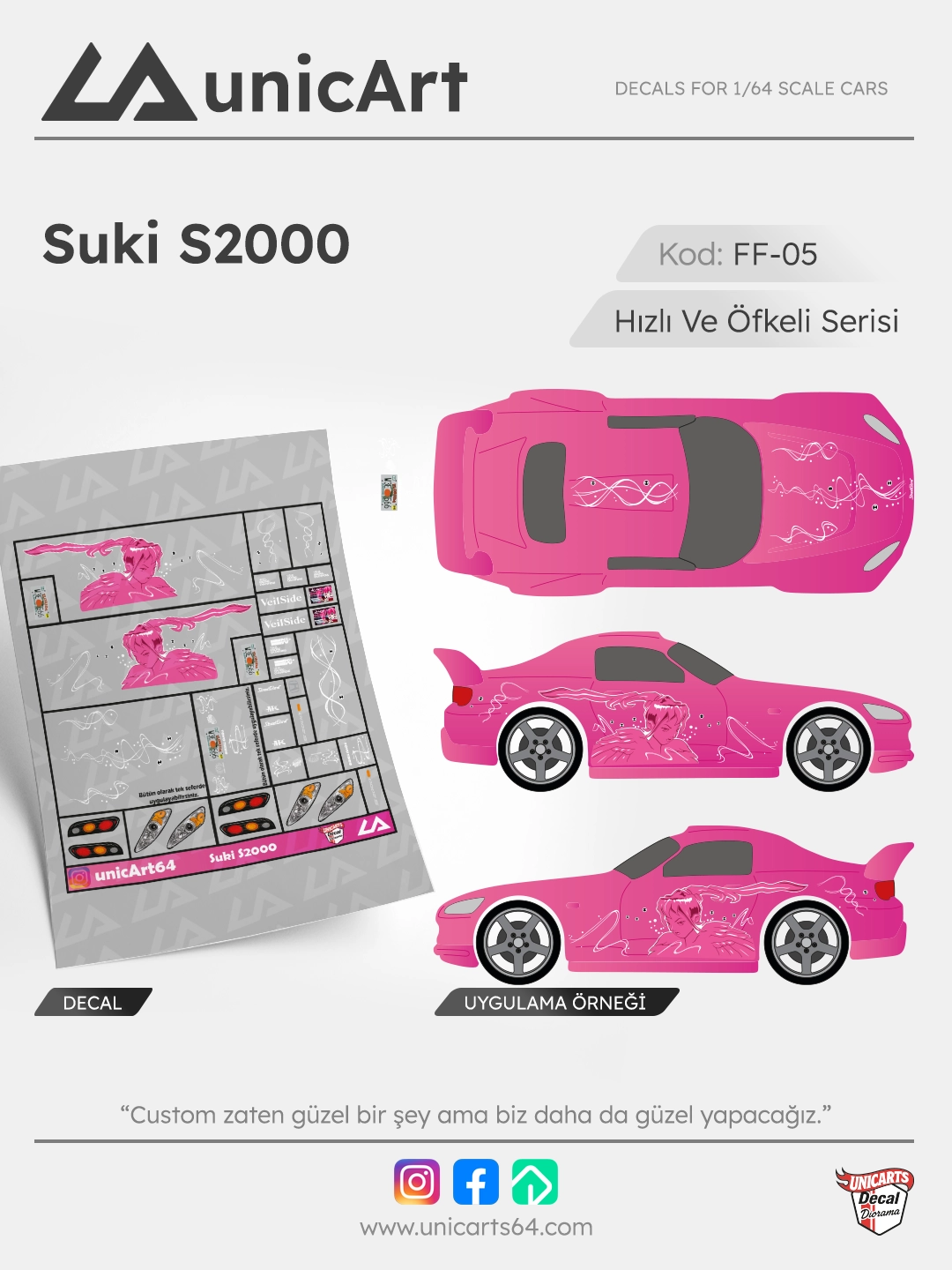 Suki S2000 1/64 su transferli decal - Fast & Furious serisi | Unicarts64