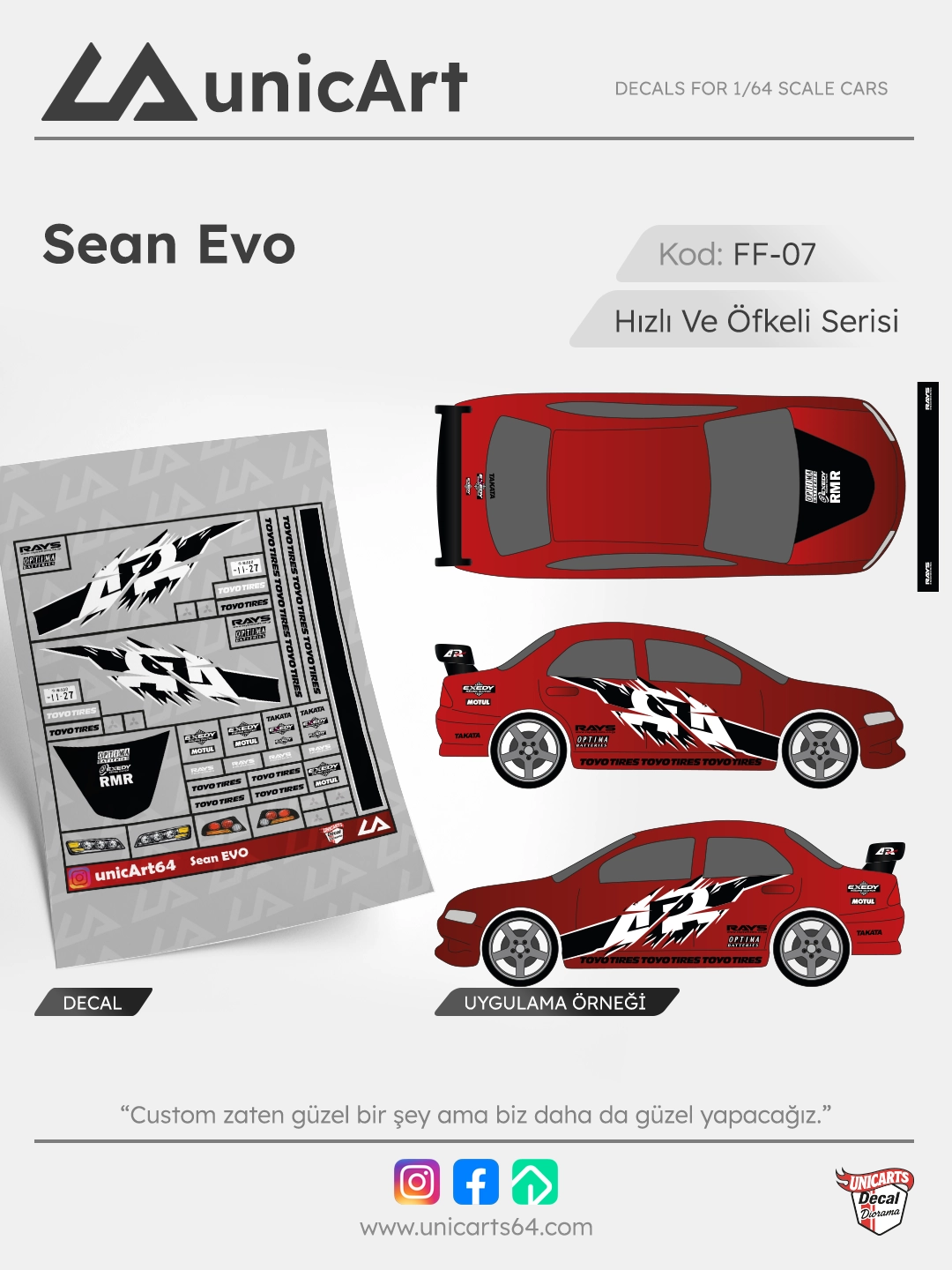 Sean EVO 1/64 su transferli decal - Fast & Furious serisi | Unicarts64