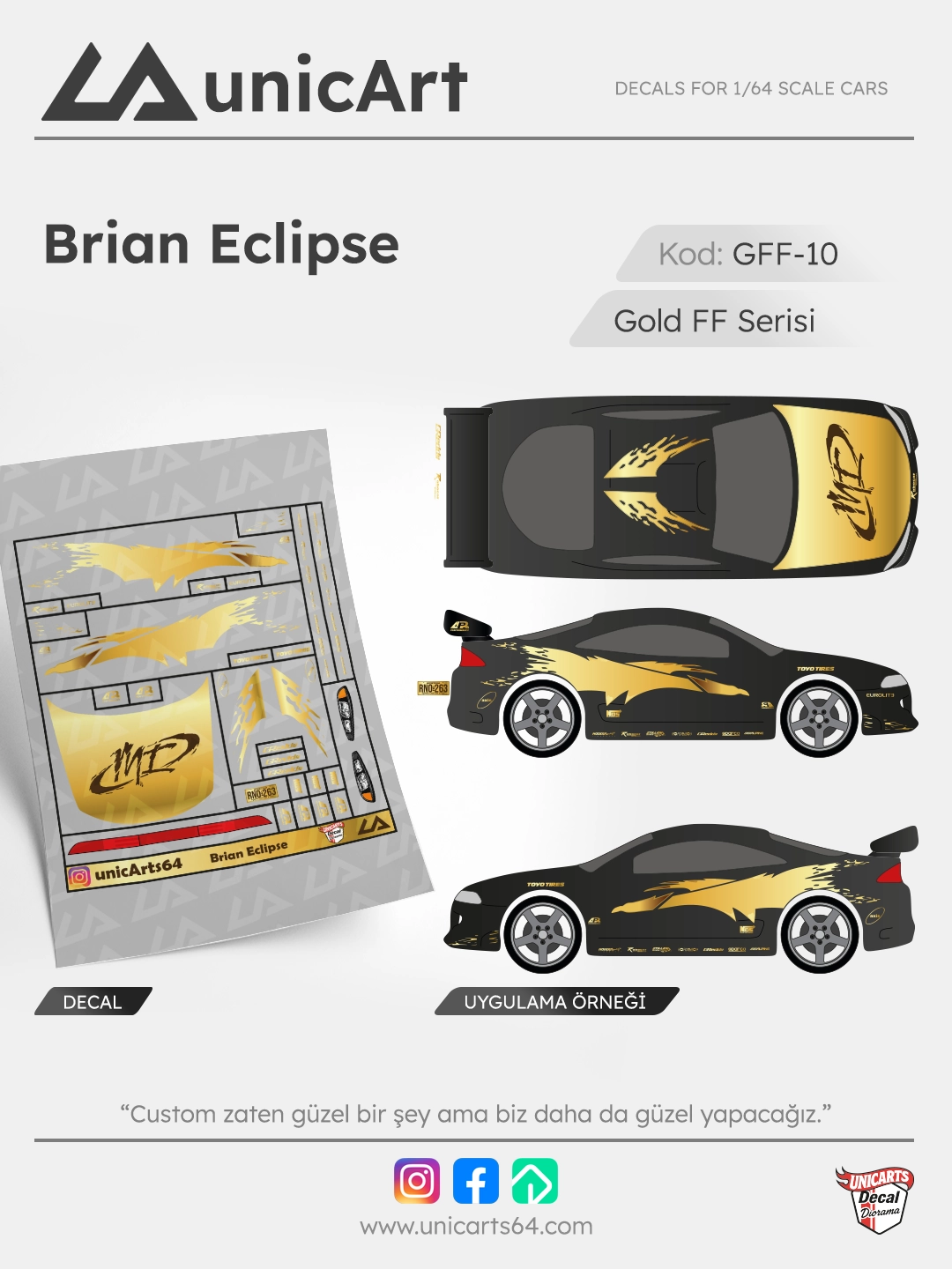 Gold Brian Eclipse 1/64 su transferli decal - Gold Fast & Furious serisi | Unicarts64