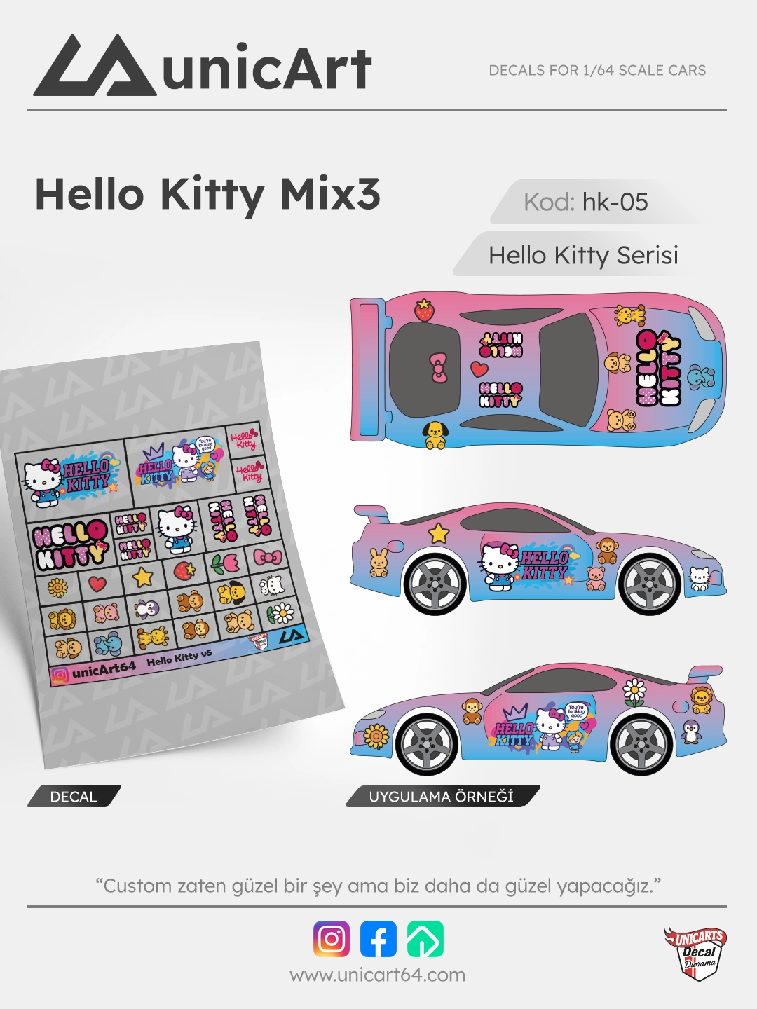 Hello Kitty Mix3 1/64 su transferli decal - Hello Kitty serisi | Unicarts64