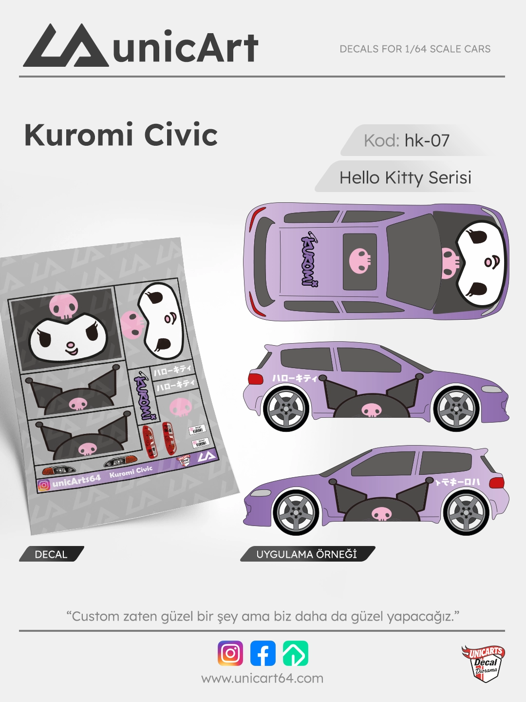 Kuromi Civic 1/64 su transferli decal - Hello Kitty serisi | Unicarts64