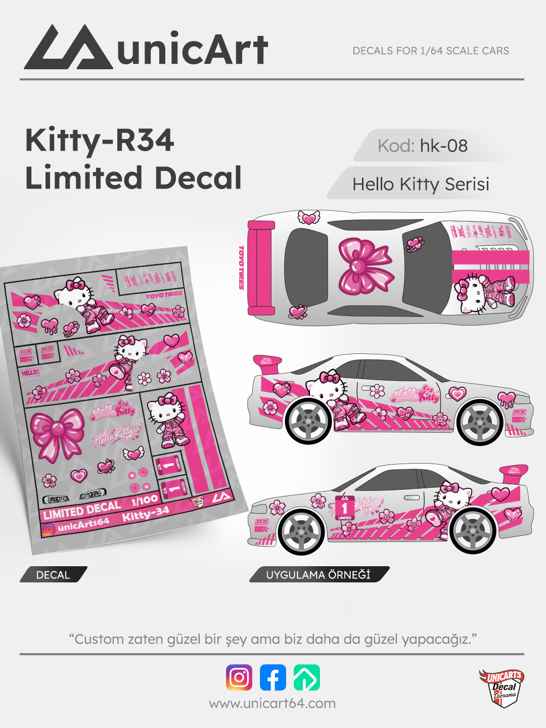 Kitty-R34 Limited 1/64 su transferli decal - Hello Kitty serisi | Unicarts64