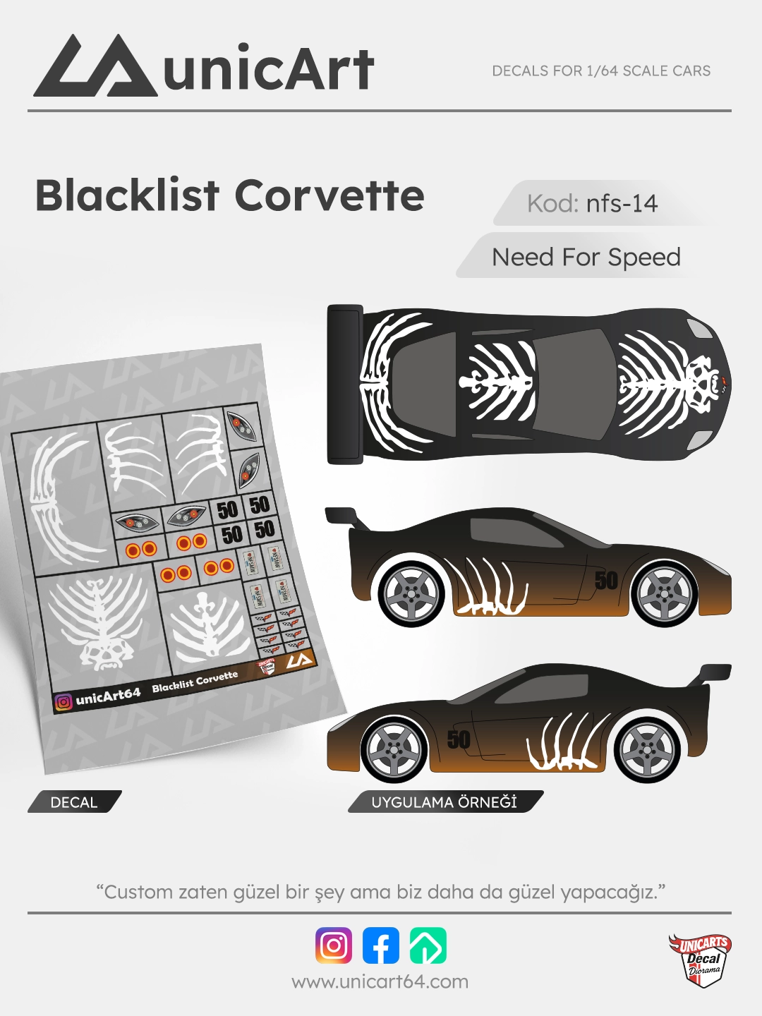 Blacklist Corvette 1/64 su transferli decal - Need for Speed serisi | Unicarts64