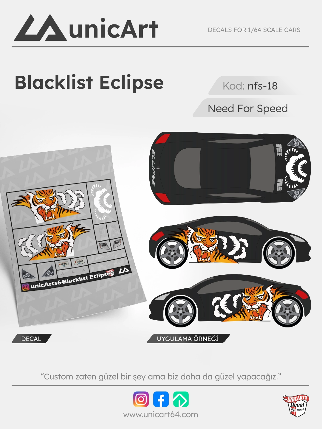 Blacklist Eclipse 1/64 su transferli decal - Need for Speed serisi | Unicarts64