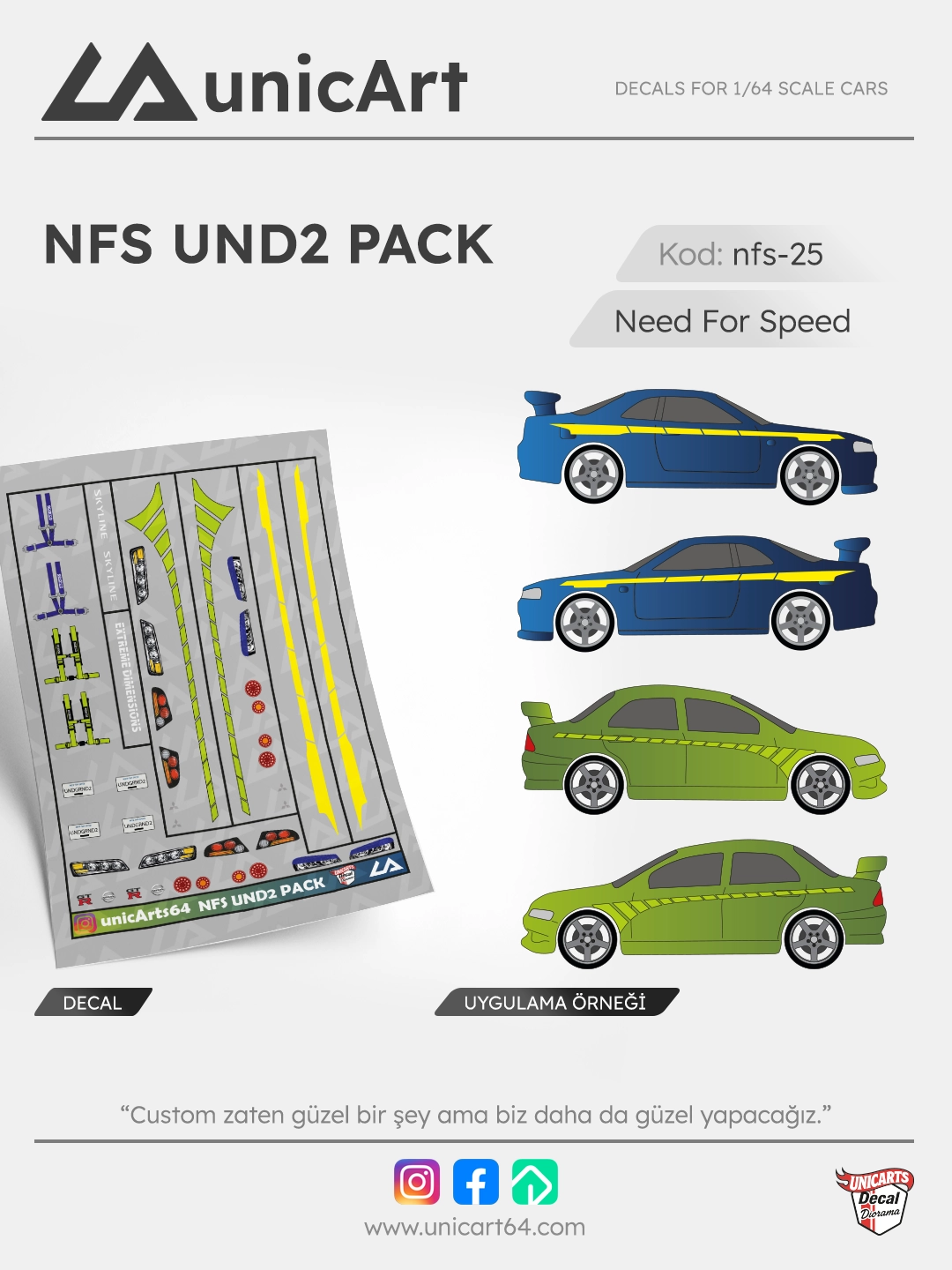 NFS UND2 Pack 1/64 su transferli decal - Need for Speed serisi | Unicarts64