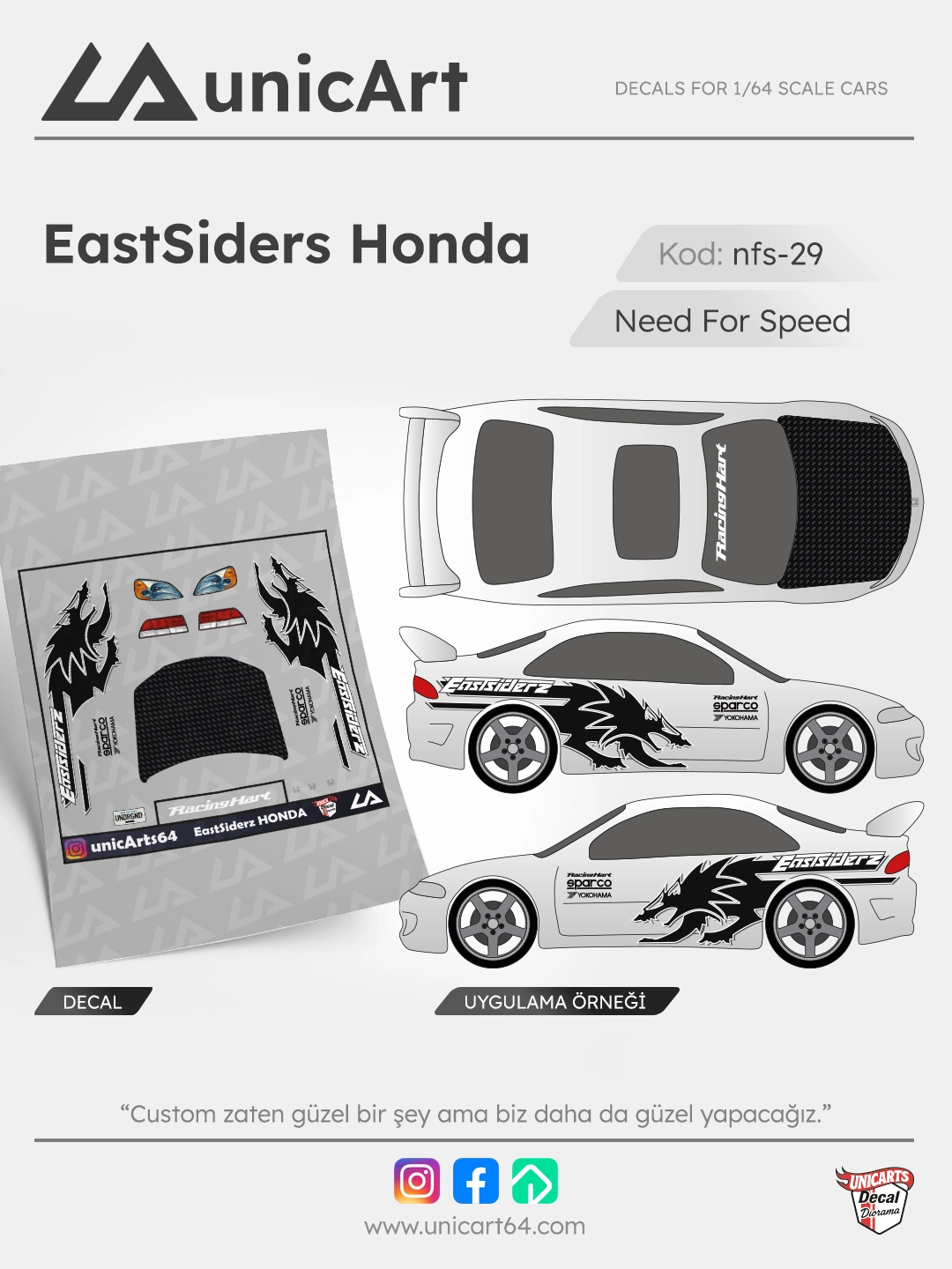 EastSiders Honda Civic 1/64 su transferli decal - Sponsor Markalar serisi | Unicarts64