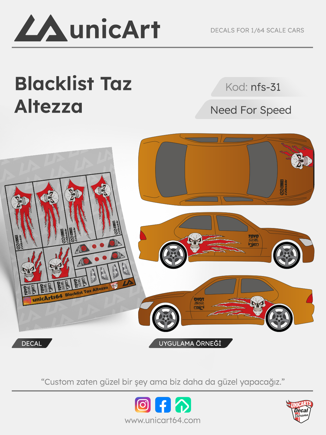 Blacklist Taz Altezza 1/64 su transferli decal - Need for Speed serisi | Unicarts64