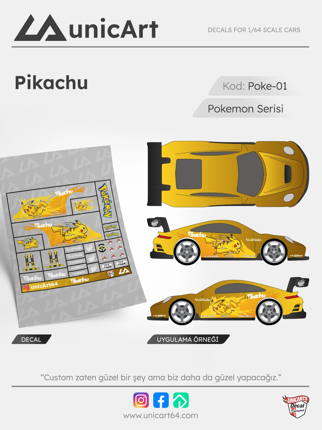 Pikachu 1/64 su transferli decal - Pokemon serisi | Unicarts64