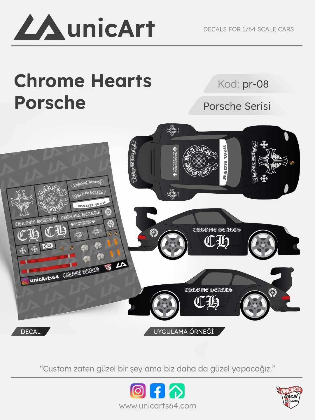 Chrome Hearts Porsche 1/64 su transferli decal - Porsche serisi | Unicarts64