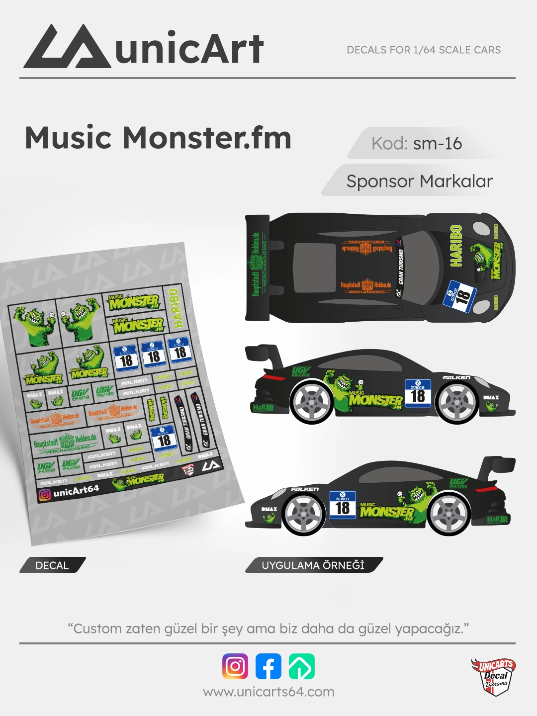Music Monster.fm 1/64 su transferli decal - Sponsor Markalar serisi | Unicarts64
