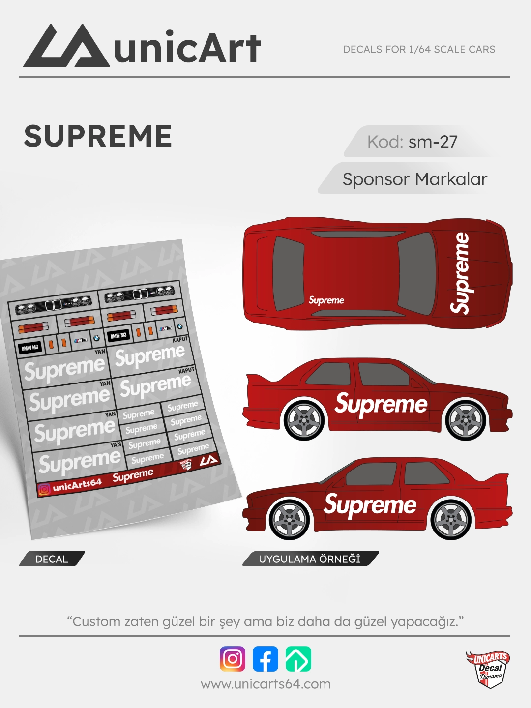 Supreme 1/64 su transferli decal - Sponsor Markalar serisi | Unicarts64