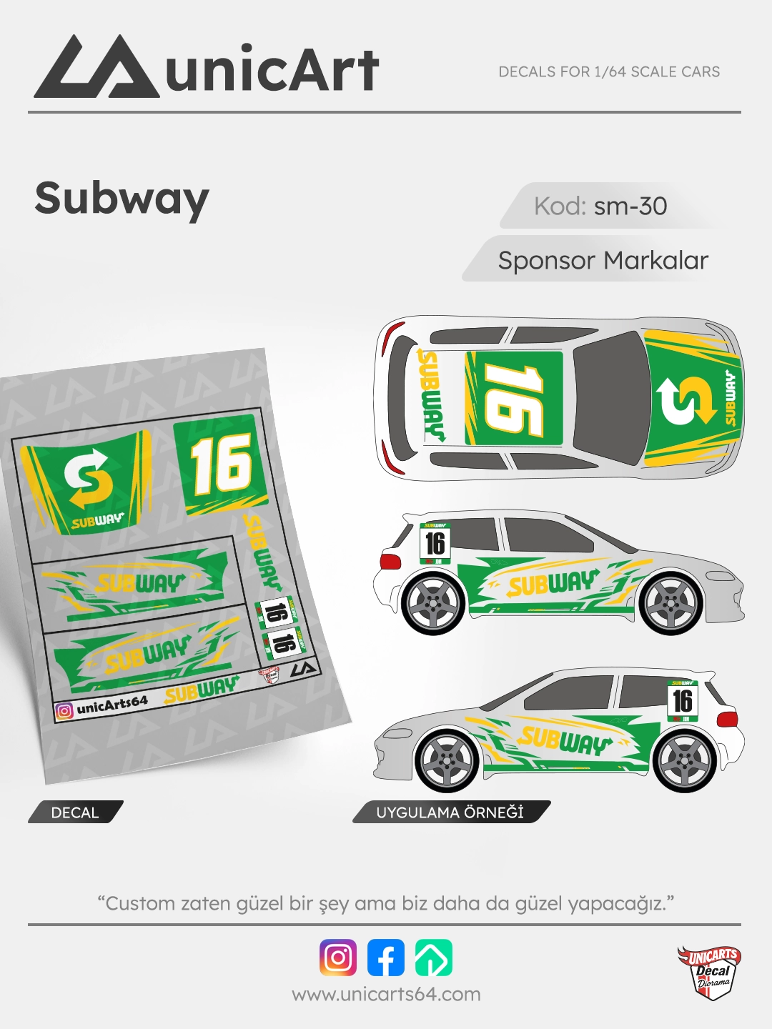 Subway 1/64 su transferli decal - Sponsor Markalar serisi | Unicarts64