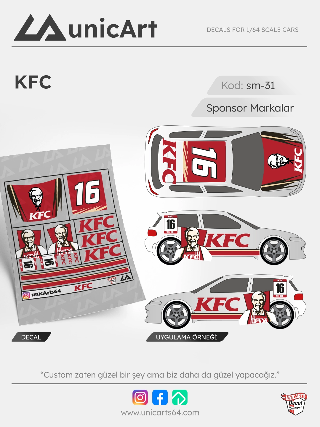 KFC 1/64 su transferli decal - Sponsor Markalar serisi | Unicarts64