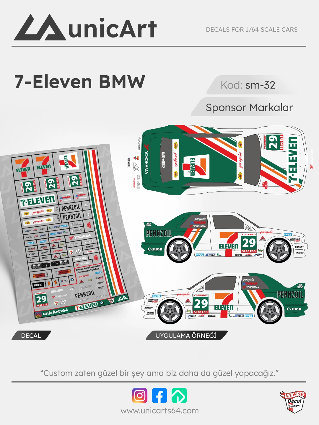 7-Eleven BMW E30 1/64 decal - Sponsor Markalar serisi