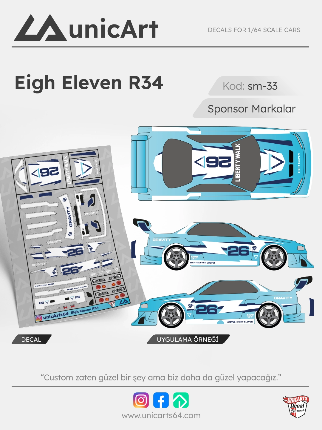 Eigh Eleven R34 1/64 su transferli decal - Sponsor Markalar serisi | Unicarts64