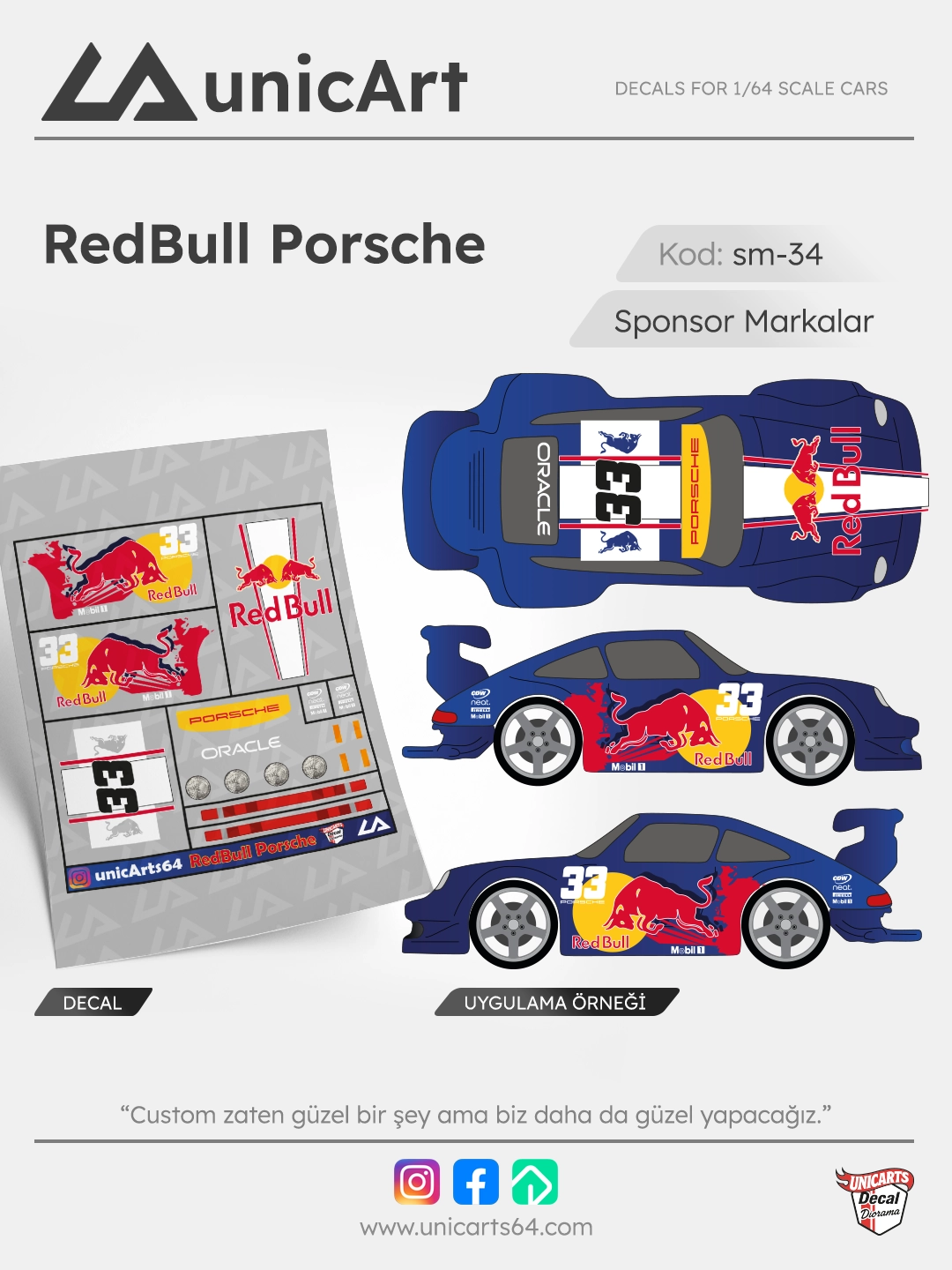 RedBull Porsche 1/64 su transferli decal - Sponsor Markalar serisi | Unicarts64