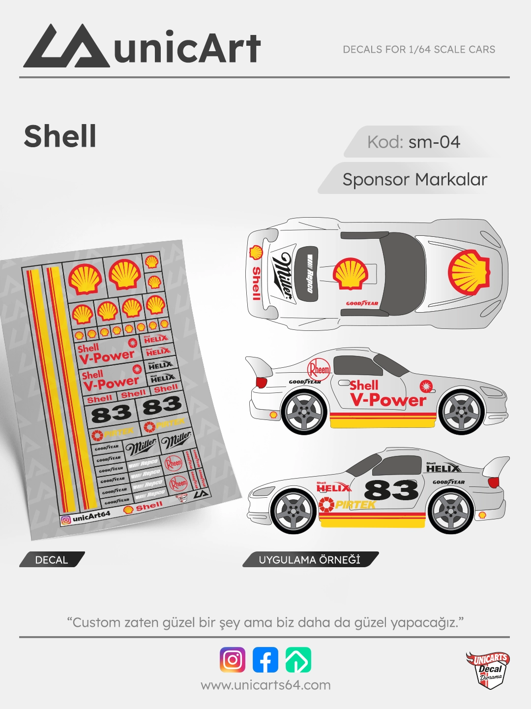 Shell 1/64 su transferli decal - Sponsor Markalar serisi | Unicarts64