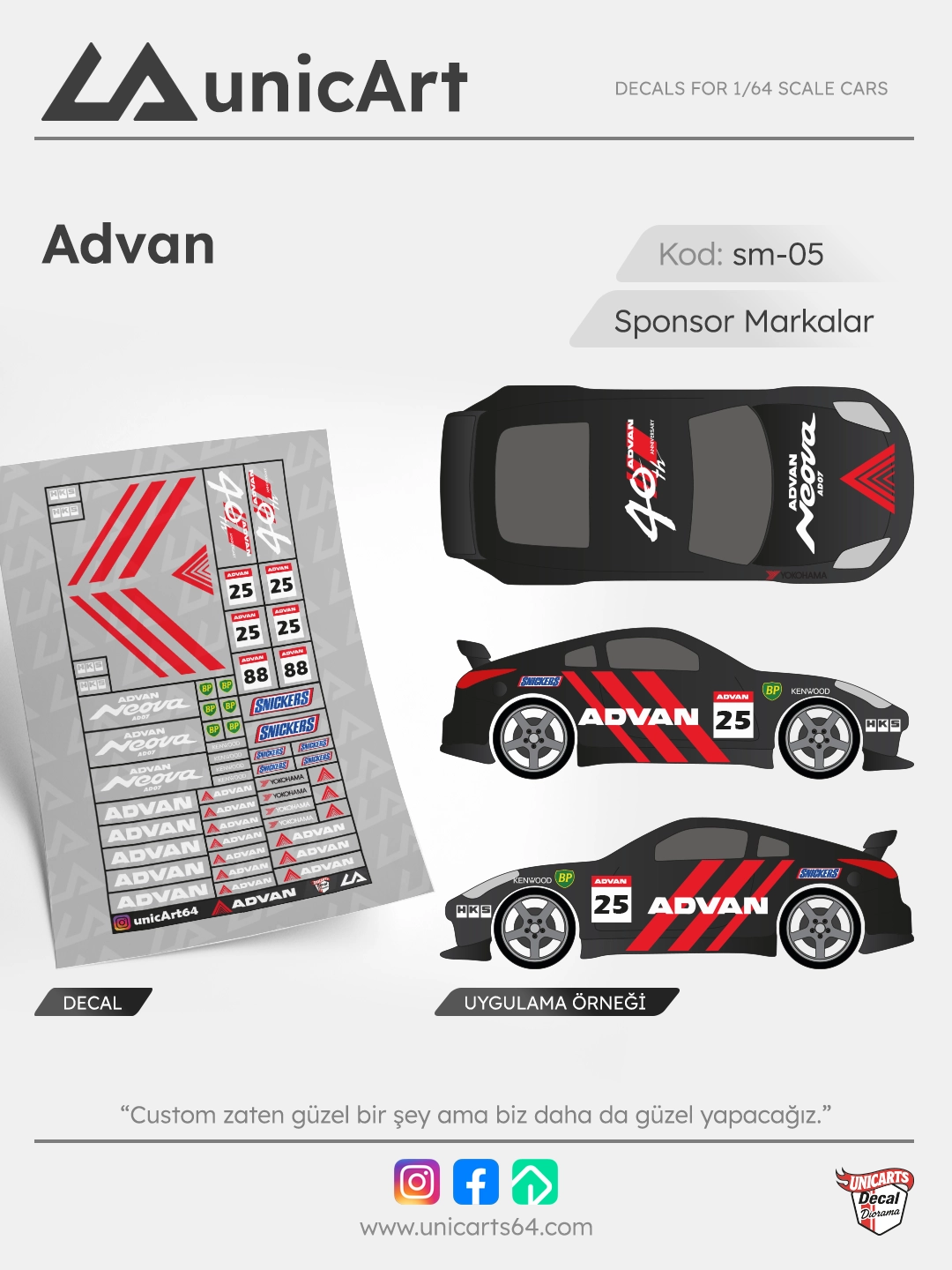 Advan 1/64 su transferli decal - Sponsor Markalar serisi | Unicarts64
