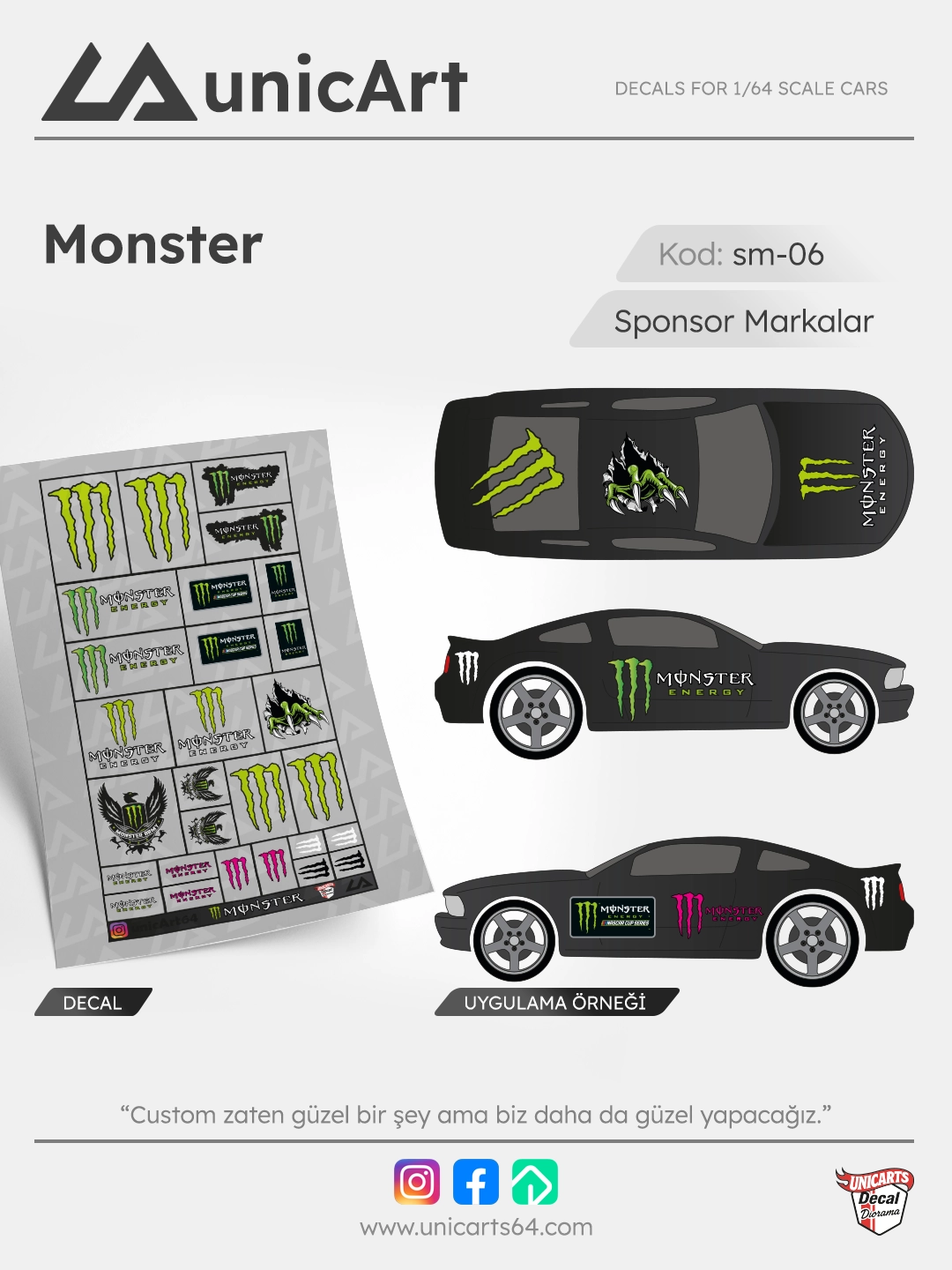 Monster 1/64 su transferli decal - Sponsor Markalar serisi | Unicarts64