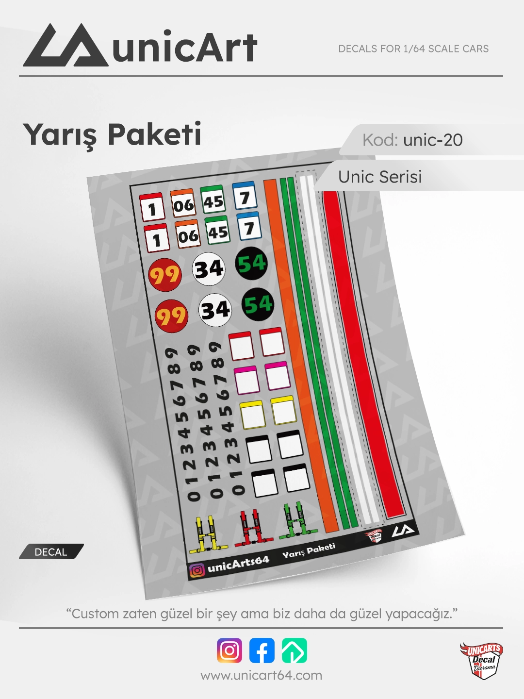Yarış Paketi 1/64 su transferli decal - Unic Serisi | Unicarts64