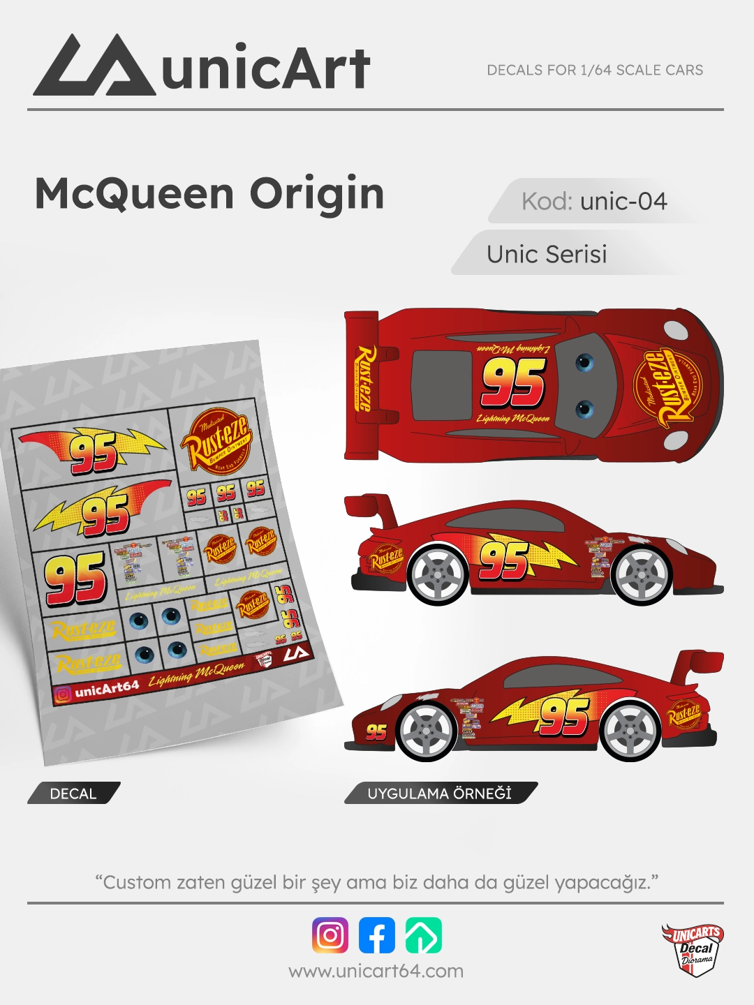 McQueen Origin 1/64 su transferli decal - Unic Serisi | Unicarts64